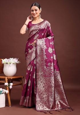 Purple Embroidered Blended Saree Set