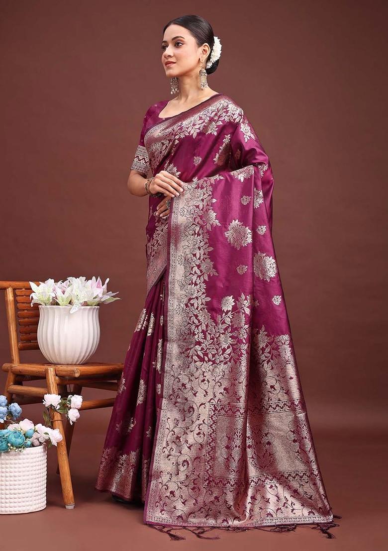 Purple Embroidered Blended Saree Set - Indya