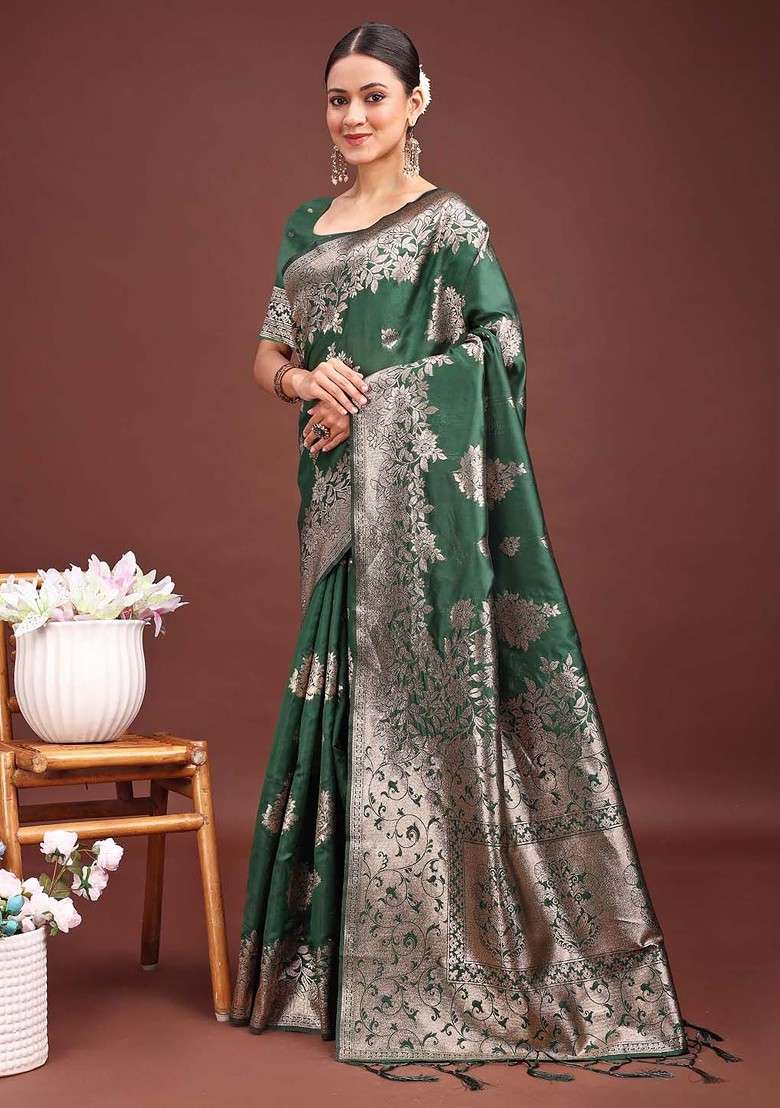Green Blended Saree Set with Embroidered for Diwali | Wedding & Festive Wear - Indya