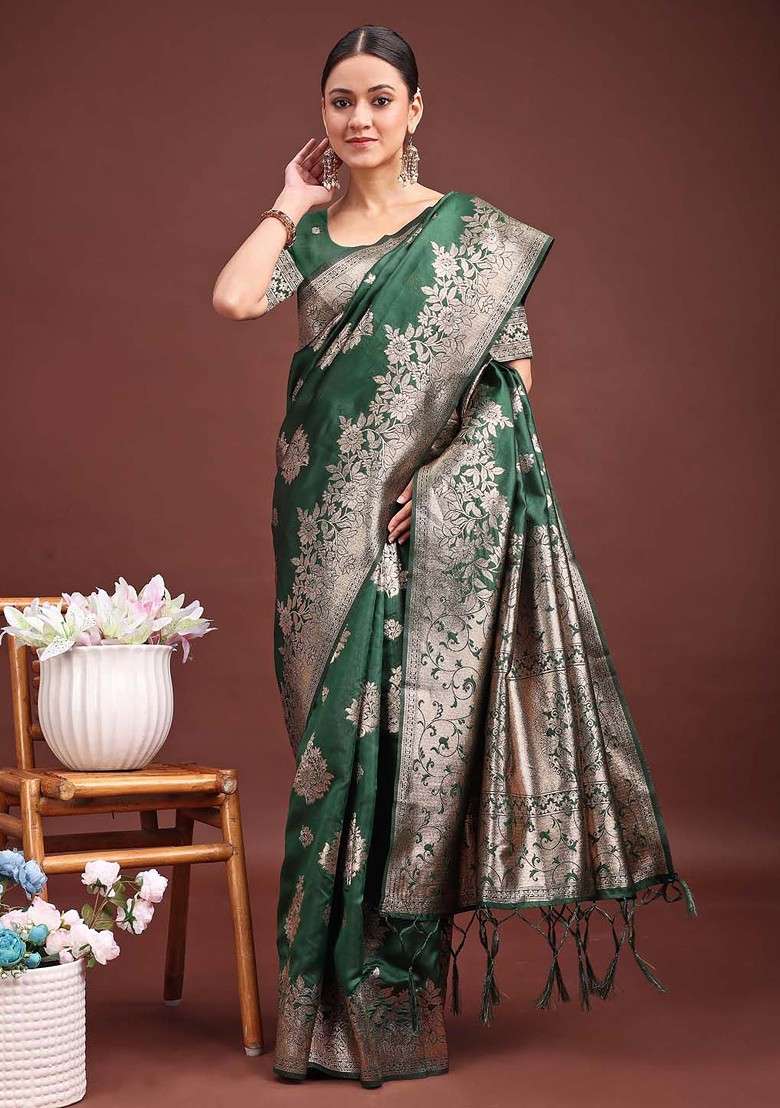 Green Blended Saree Set with Embroidered for Diwali | Wedding & Festive Wear - Indya