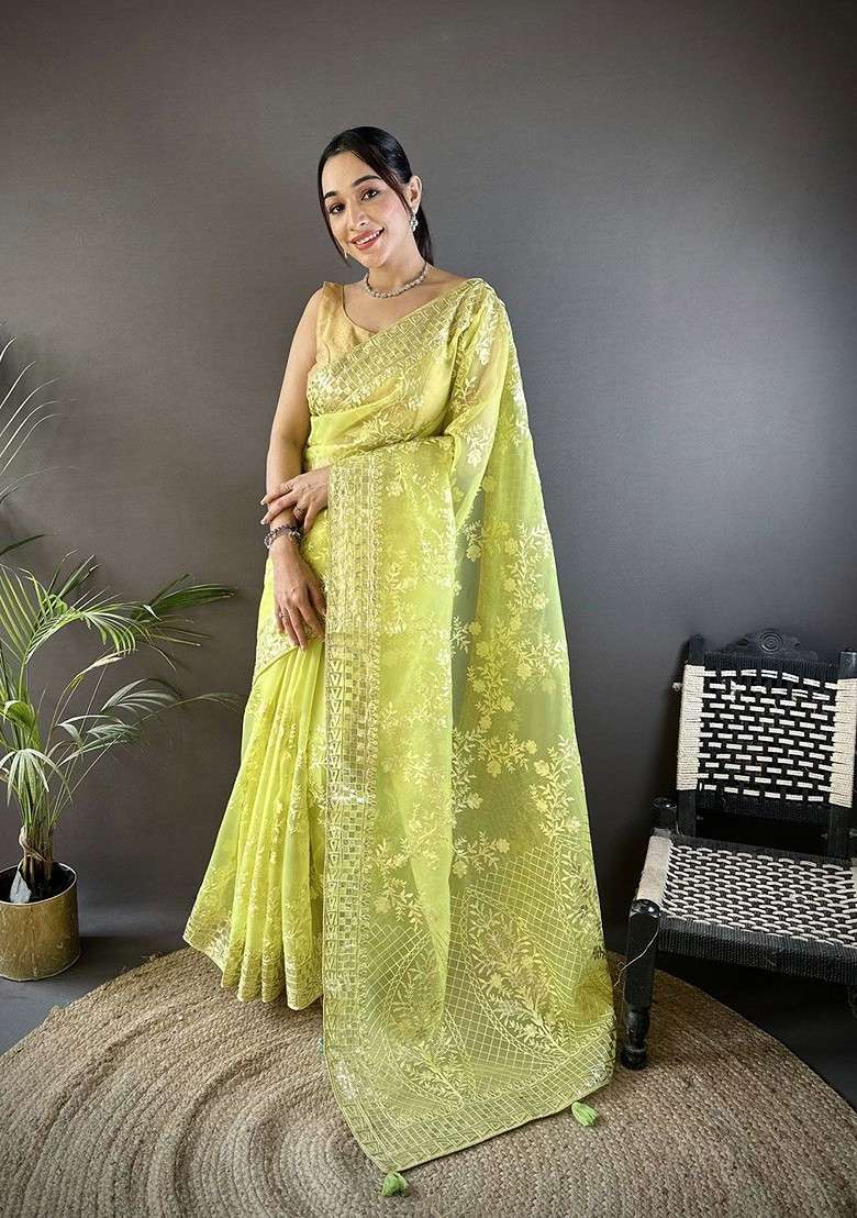Green Embroidered Blended Saree Set - Indya