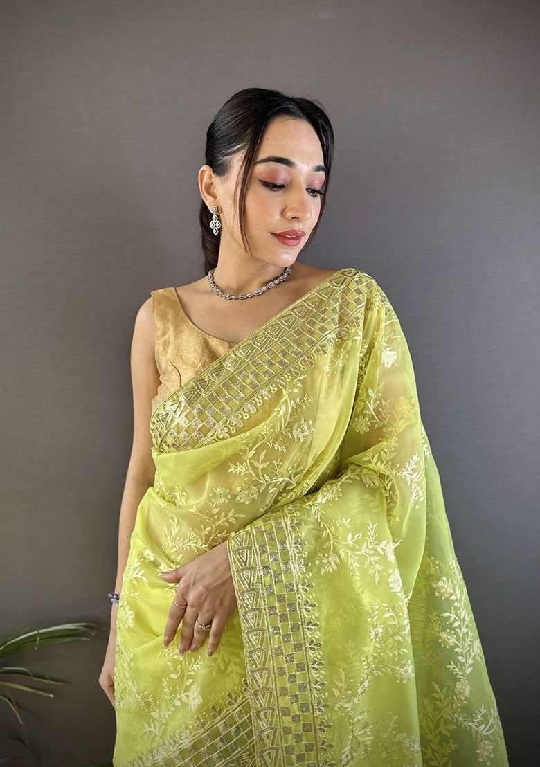 Green Embroidered Blended Saree Set - Indya