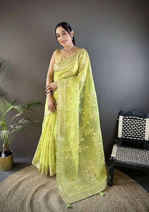 Green Embroidered Blended Saree Set for Diwali and Festive Wear