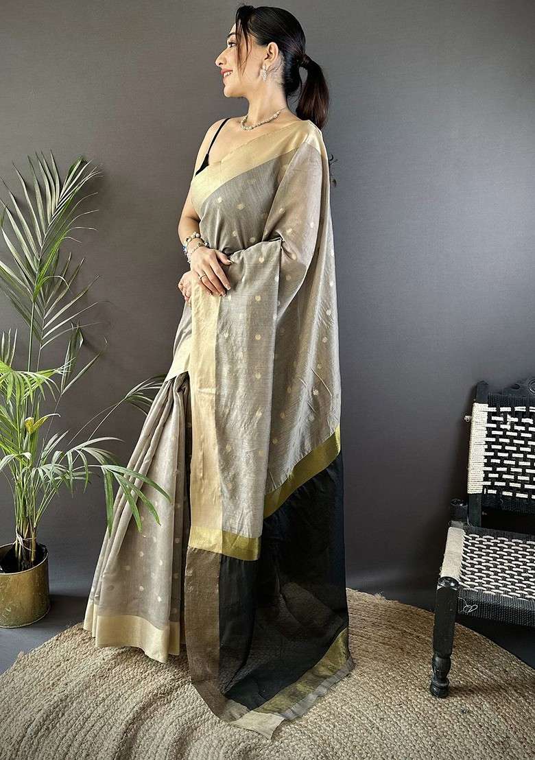 Grey Embroidered Blended Saree Set for Diwali and Festive Wear - Indya