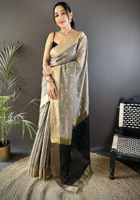 Grey Embroidered Blended Saree Set for Diwali and Festive Wear
