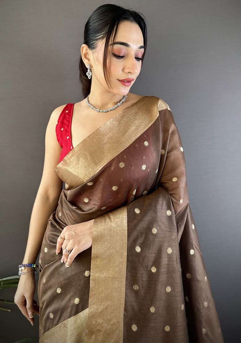 Brown Embroidered Blended Saree Set for Diwali and Festive Wear - Indya