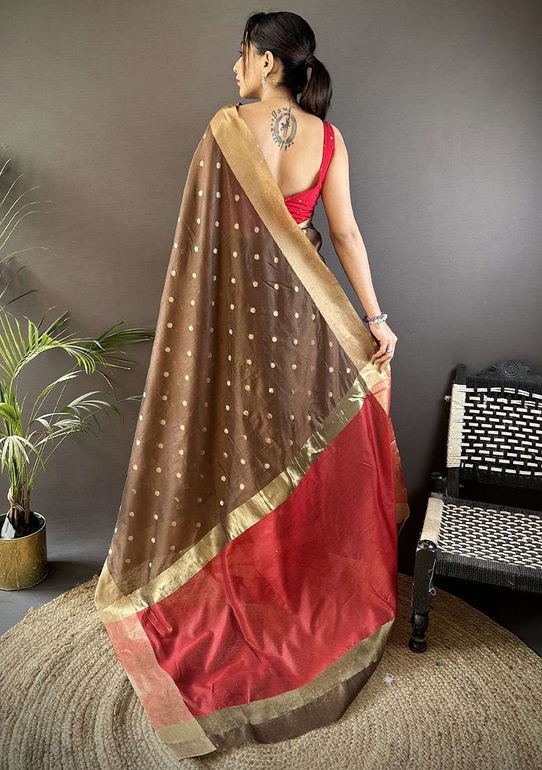 Brown Embroidered Blended Saree Set for Diwali and Festive Wear - Indya