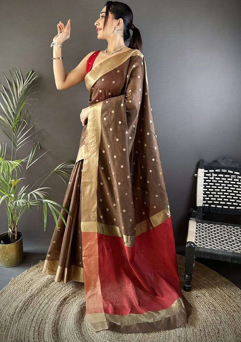Brown Embroidered Blended Saree Set for Diwali and Festive Wear - Indya