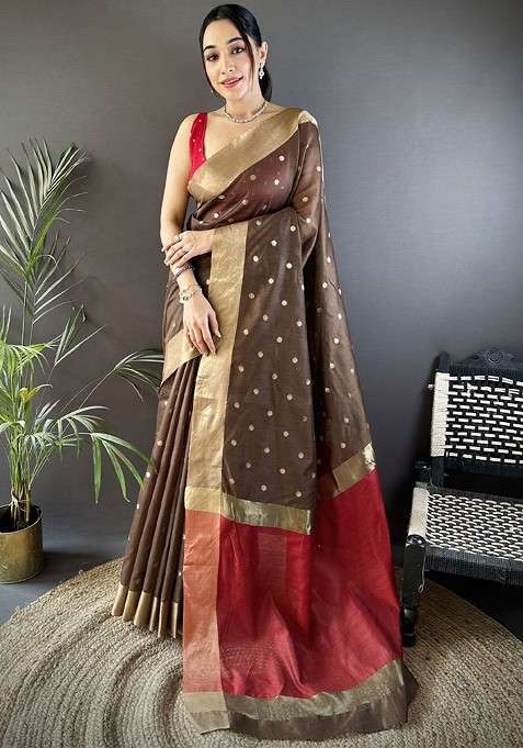 Brown Embroidered Blended Saree Set for Diwali and Festive Wear