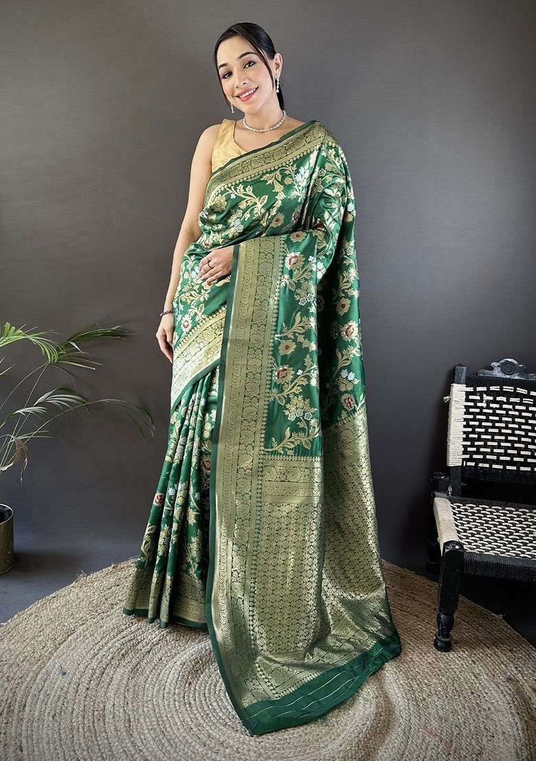Green Embroidered Blended Saree Set for Diwali and Festive Wear - Indya