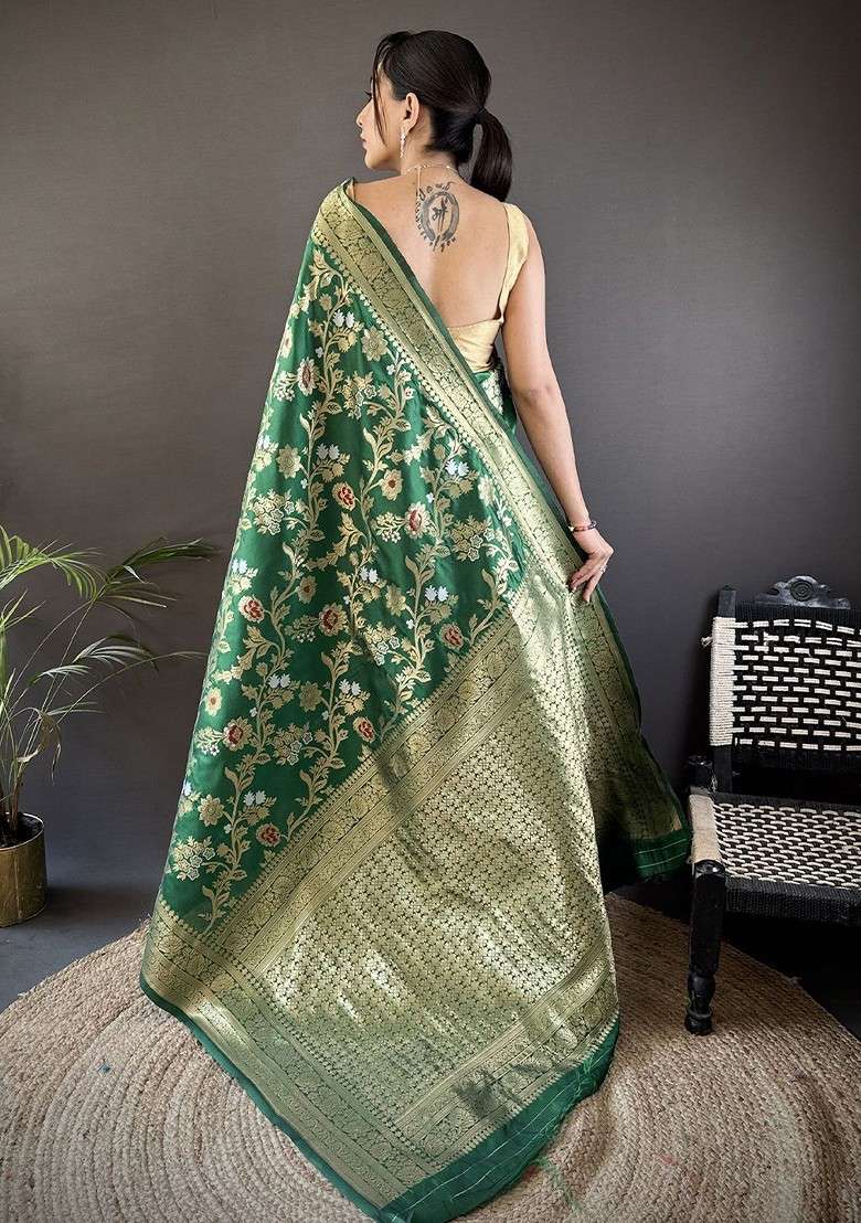 Green Embroidered Blended Saree Set for Diwali and Festive Wear - Indya
