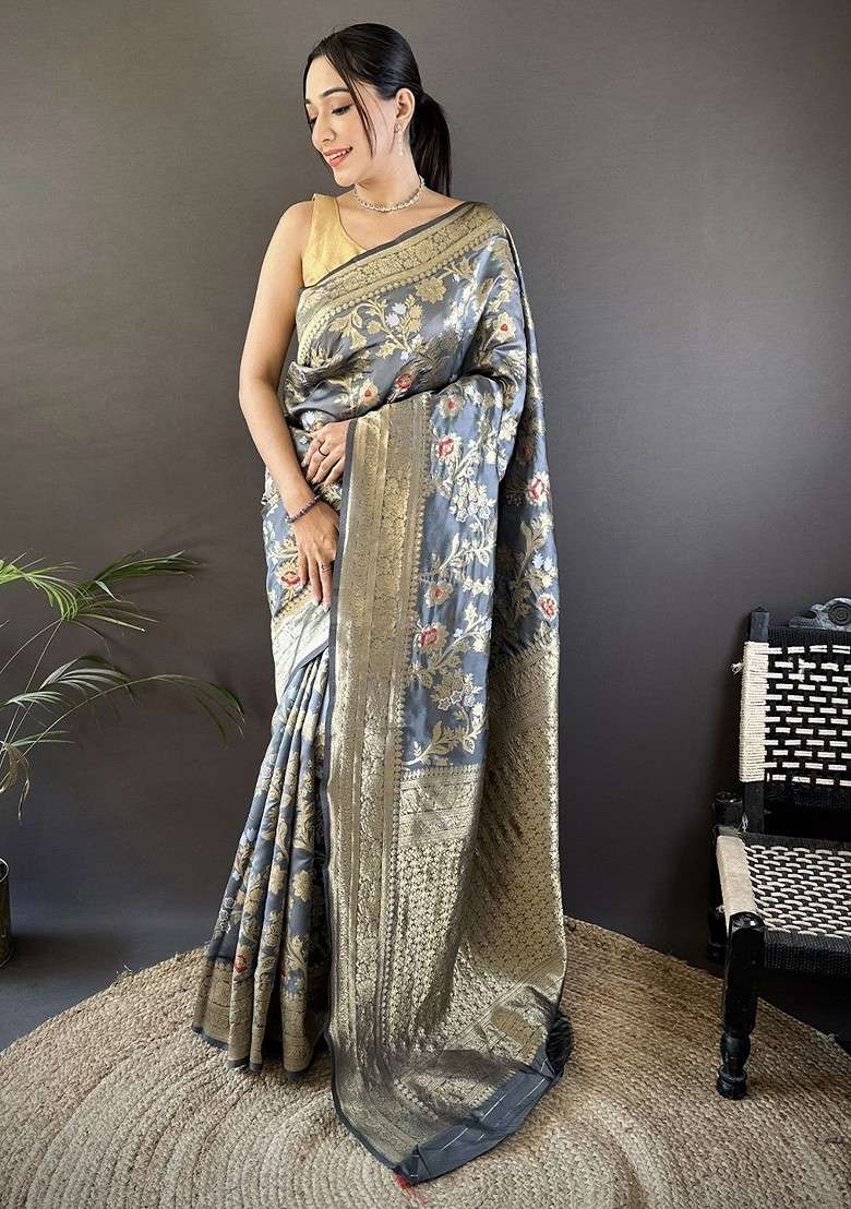 Grey Embroidered Blended Saree Set for Diwali and Festive Wear - Indya