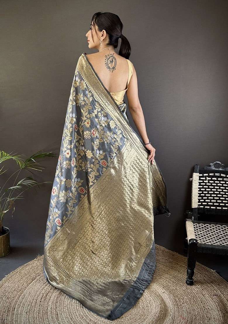 Grey Embroidered Blended Saree Set for Diwali and Festive Wear - Indya