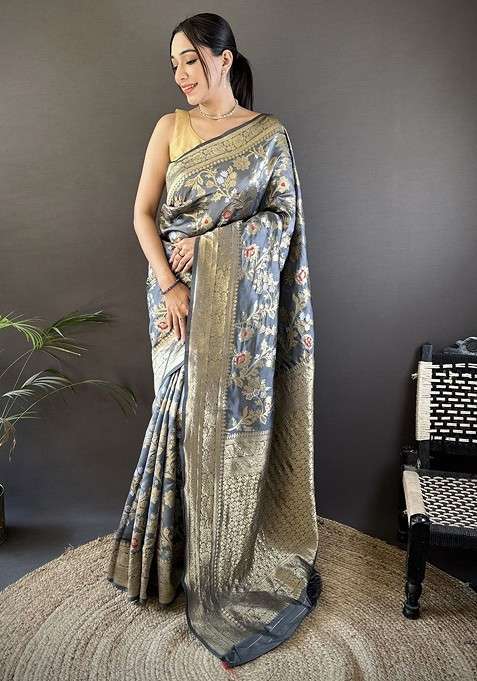 Grey Embroidered Blended Saree Set for Diwali and Festive Wear