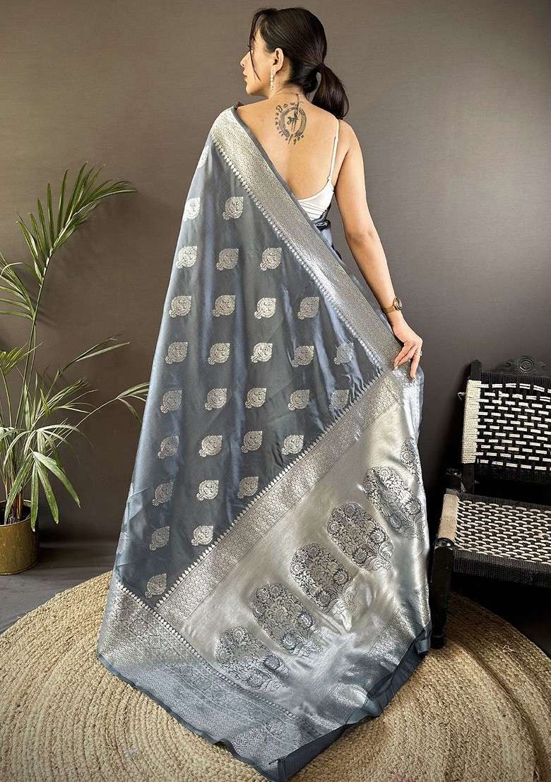 Grey Embroidered Blended Saree Set for Diwali and Festive Wear - Indya