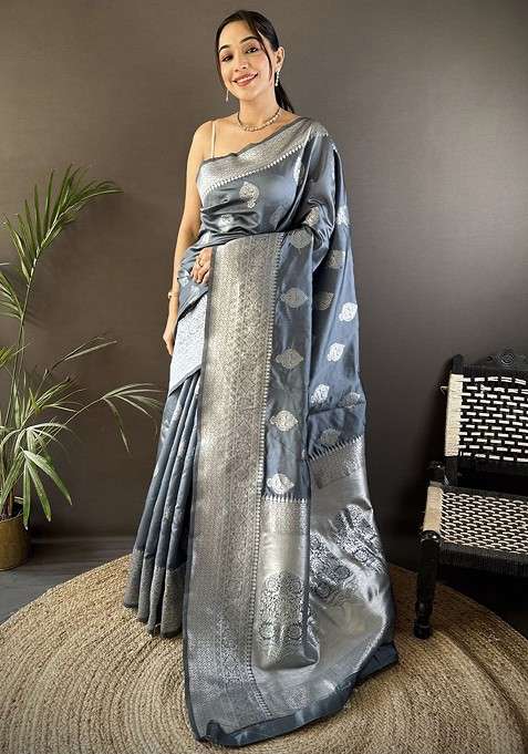 Grey Embroidered Blended Saree Set for Diwali and Festive Wear