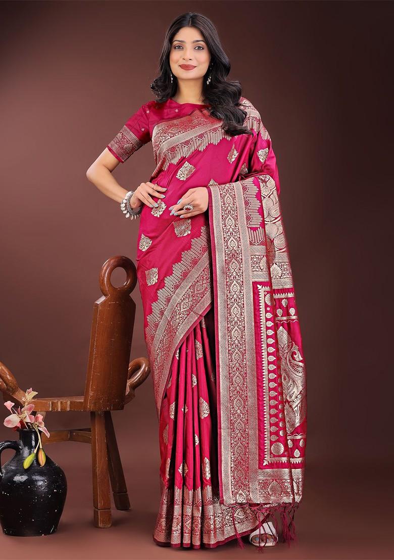 Pink Embroidered Blended Saree Set - Indya