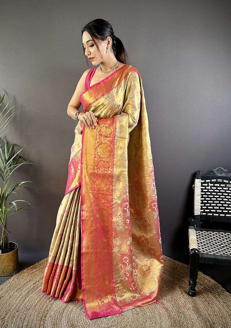 Gold Embroidered Blended Saree Set for Diwali and Festive Wear - Indya