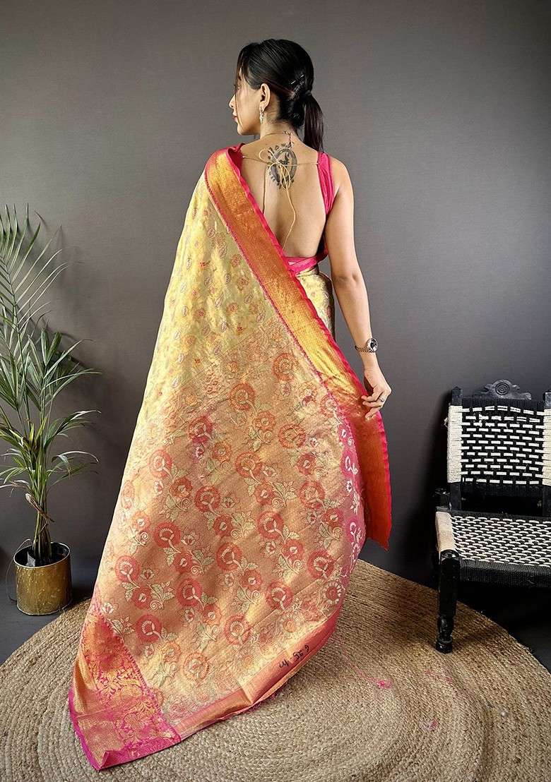 Gold Embroidered Blended Saree Set for Diwali and Festive Wear - Indya