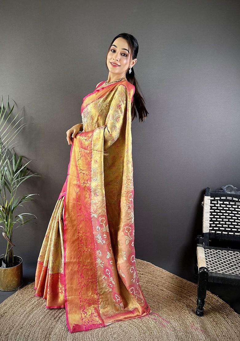 Gold Embroidered Blended Saree Set - Indya