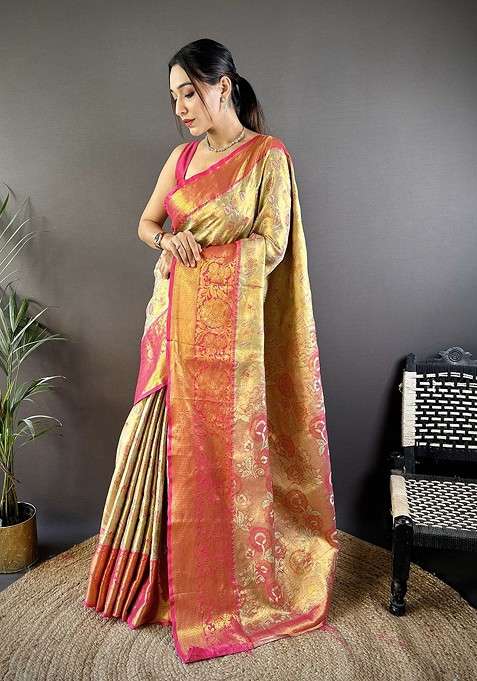 Gold Embroidered Blended Saree Set for Diwali and Festive Wear