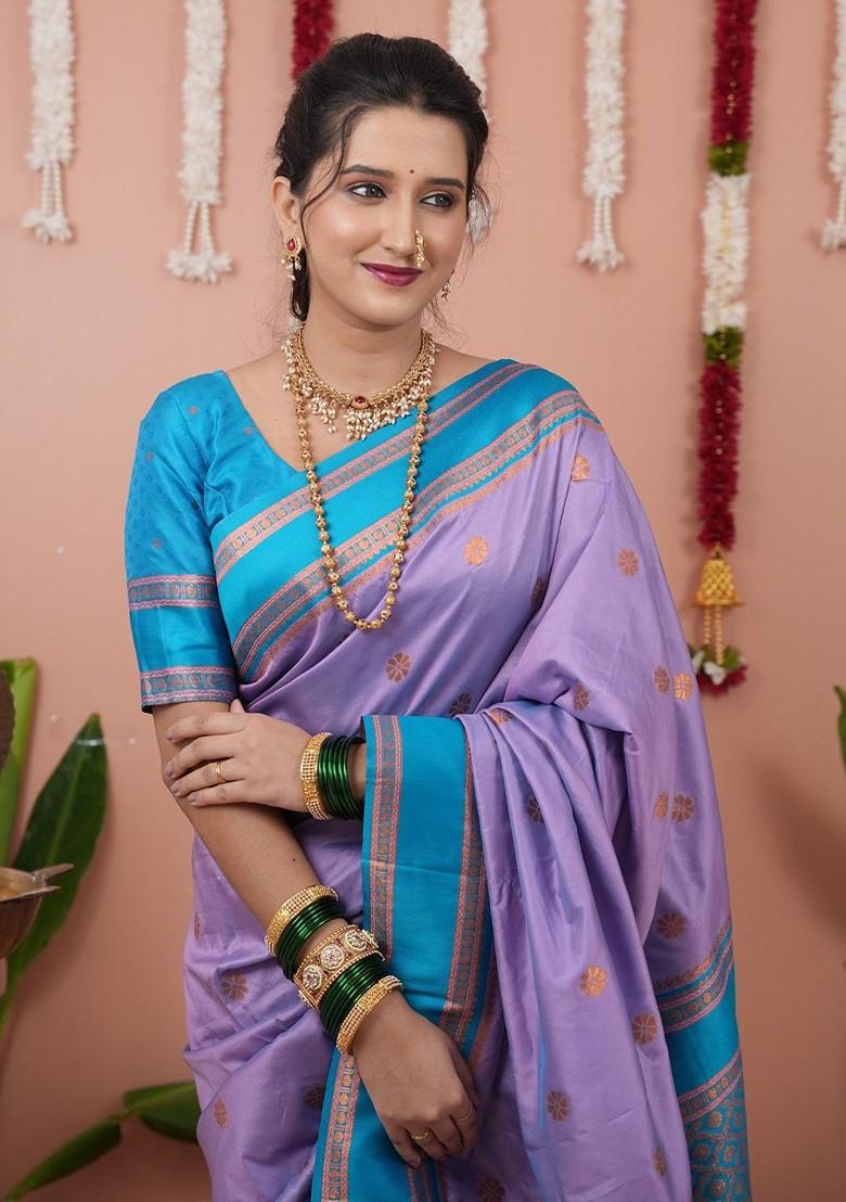 Lavender Embroidered Blended Saree Set - Indya