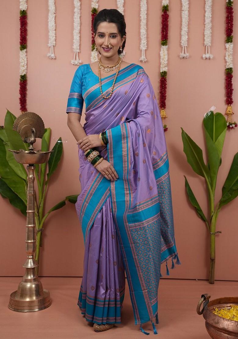 Lavender Embroidered Blended Saree Set - Indya