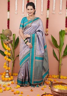 Lavender Embroidered Blended Saree Set