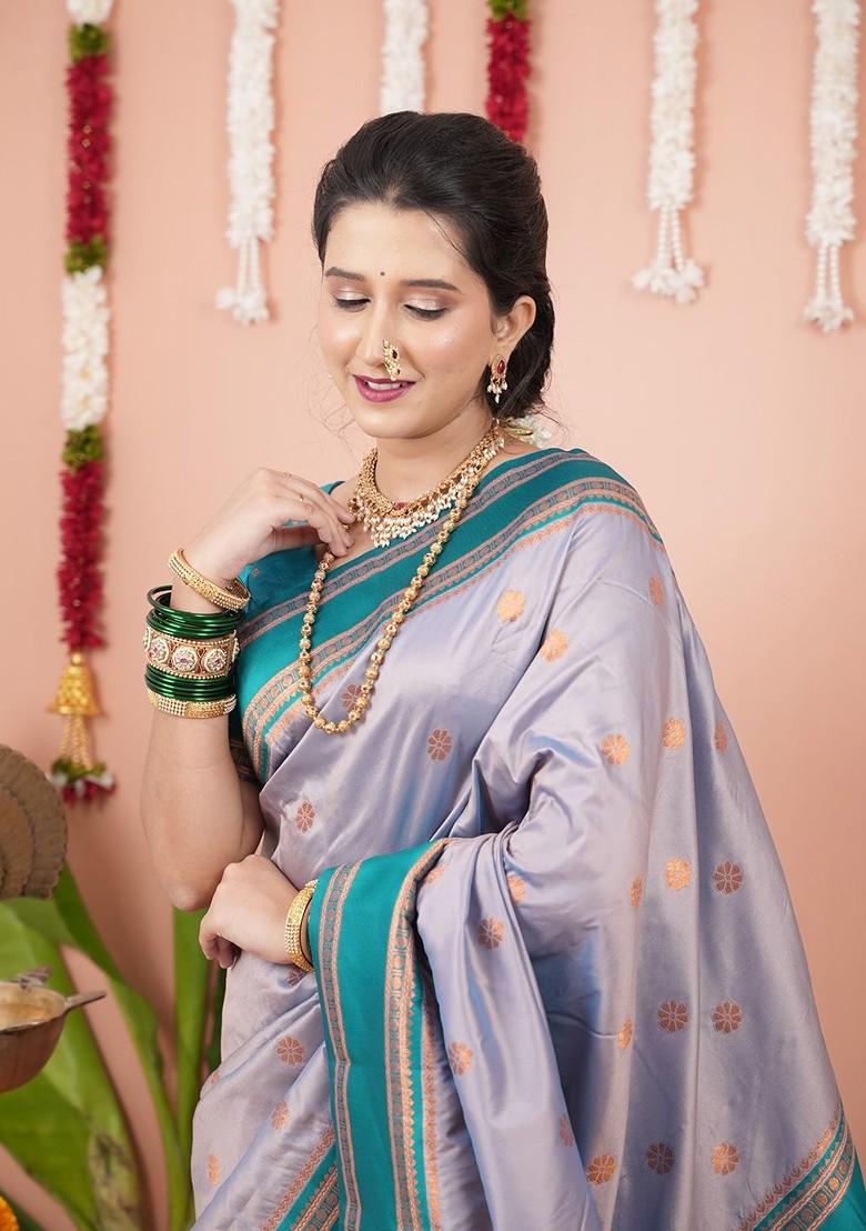 Lavender Embroidered Blended Saree Set - Indya