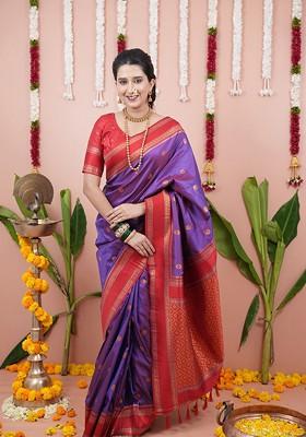 Purple Embroidered Blended Saree Set