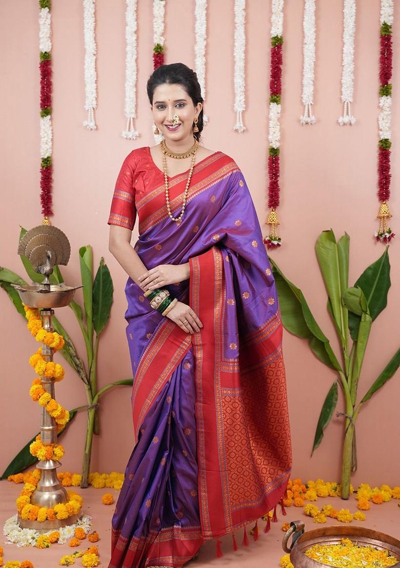 Purple Embroidered Blended Saree Set - Indya