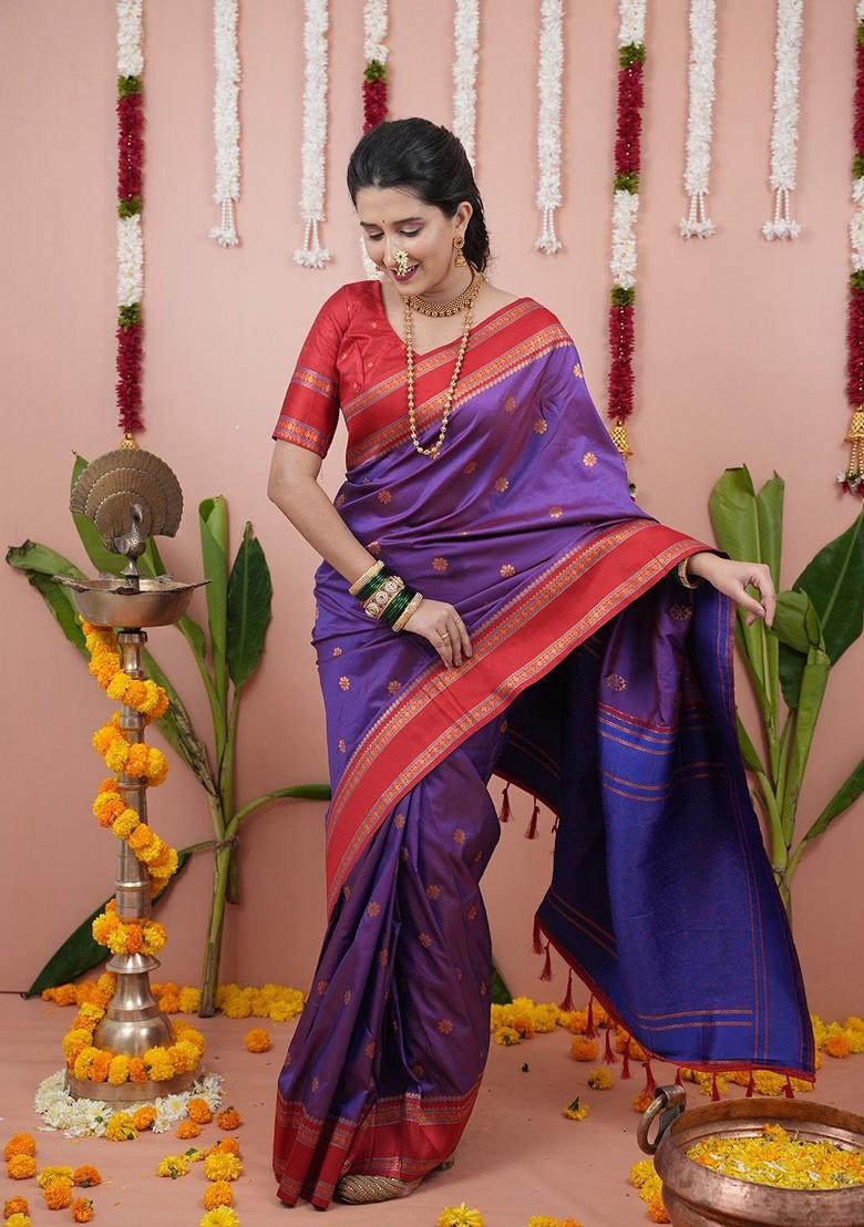 Purple Embroidered Blended Saree Set - Indya