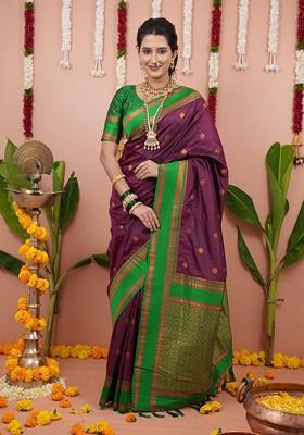 Purple Embroidered Blended Saree Set