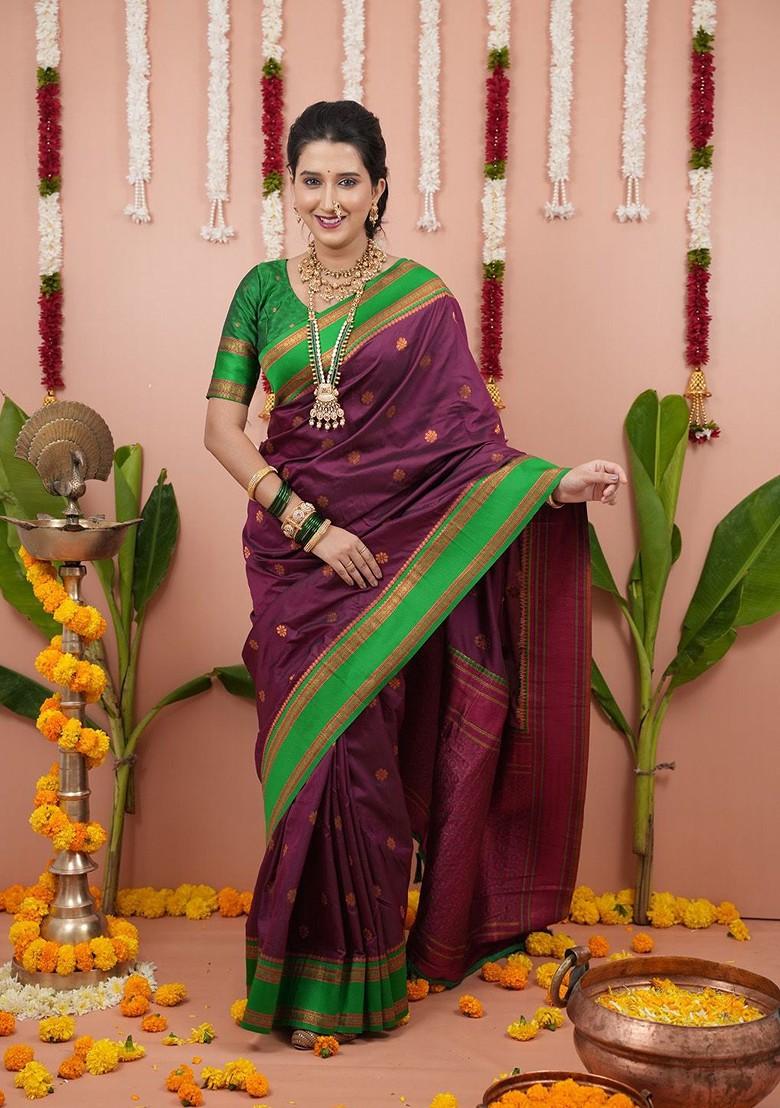 Purple Embroidered Blended Saree Set - Indya
