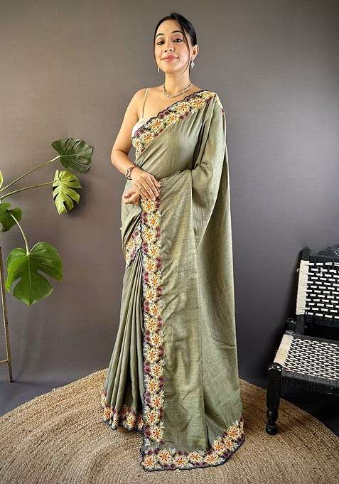 Green Blended Saree Set with Embroidered for Diwali | Wedding & Festive Wear
