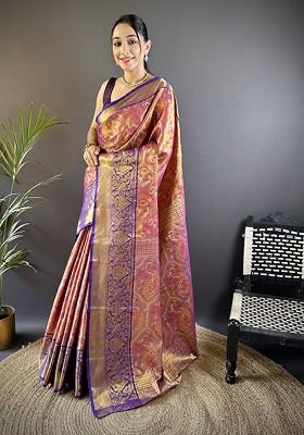 Purple Embroidered Blended Saree Set