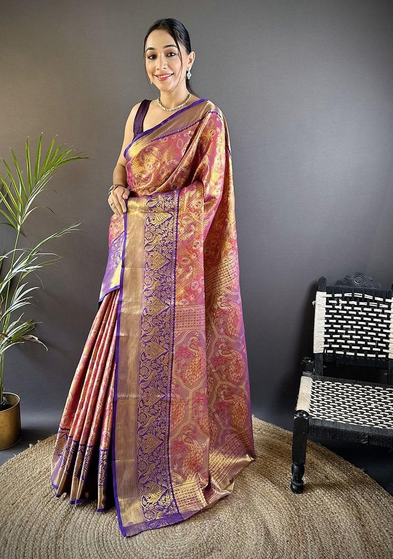 Purple Embroidered Blended Saree Set - Indya