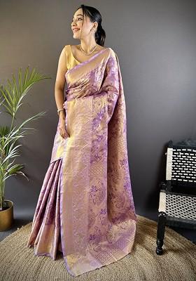 Lavender Embroidered Blended Saree Set