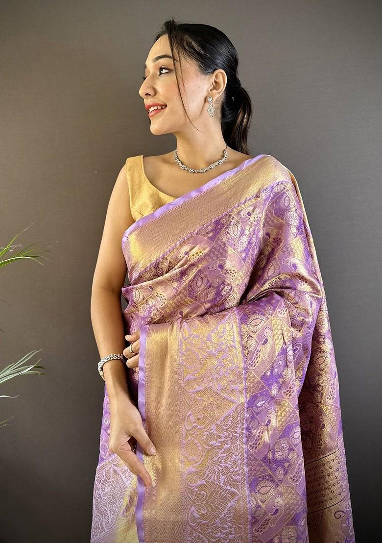 Lavender Embroidered Blended Saree Set - Indya