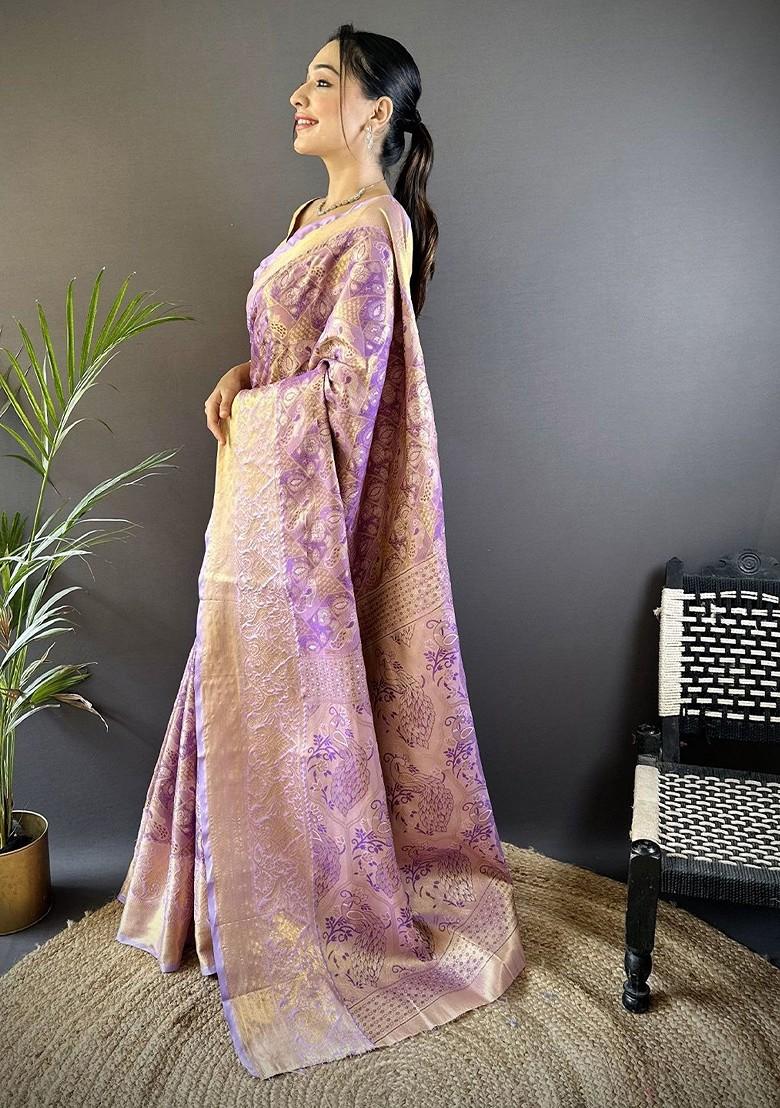 Lavender Embroidered Blended Saree Set - Indya