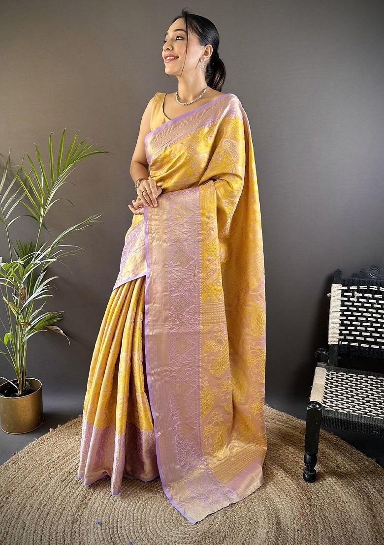 Yellow Embroidered Blended Saree Set - Indya