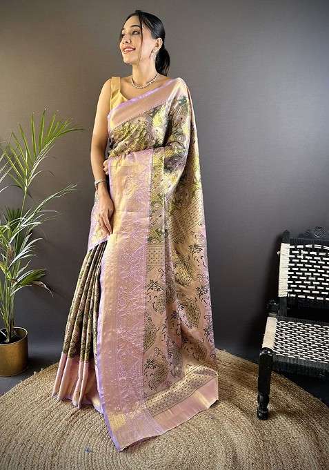 Green Blended Saree Set with Embroidered for Diwali | Wedding & Festive Wear