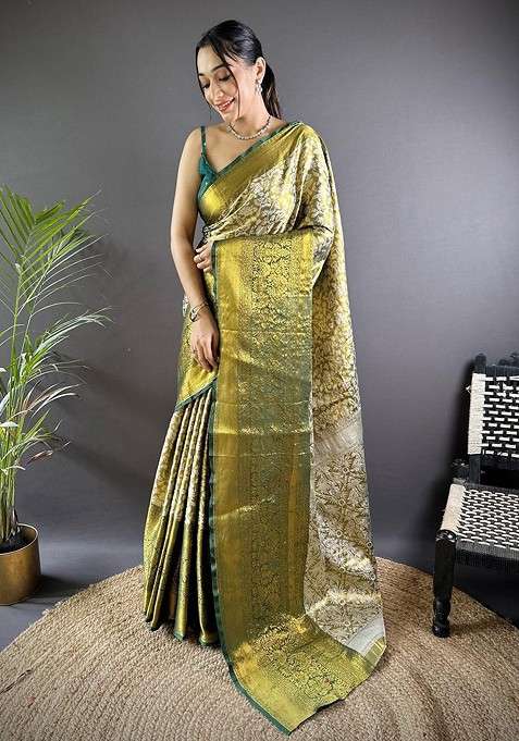 Green Embroidered Blended Saree Set for Diwali and Festive Wear