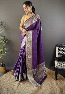 Purple Embroidered Blended Saree Set
