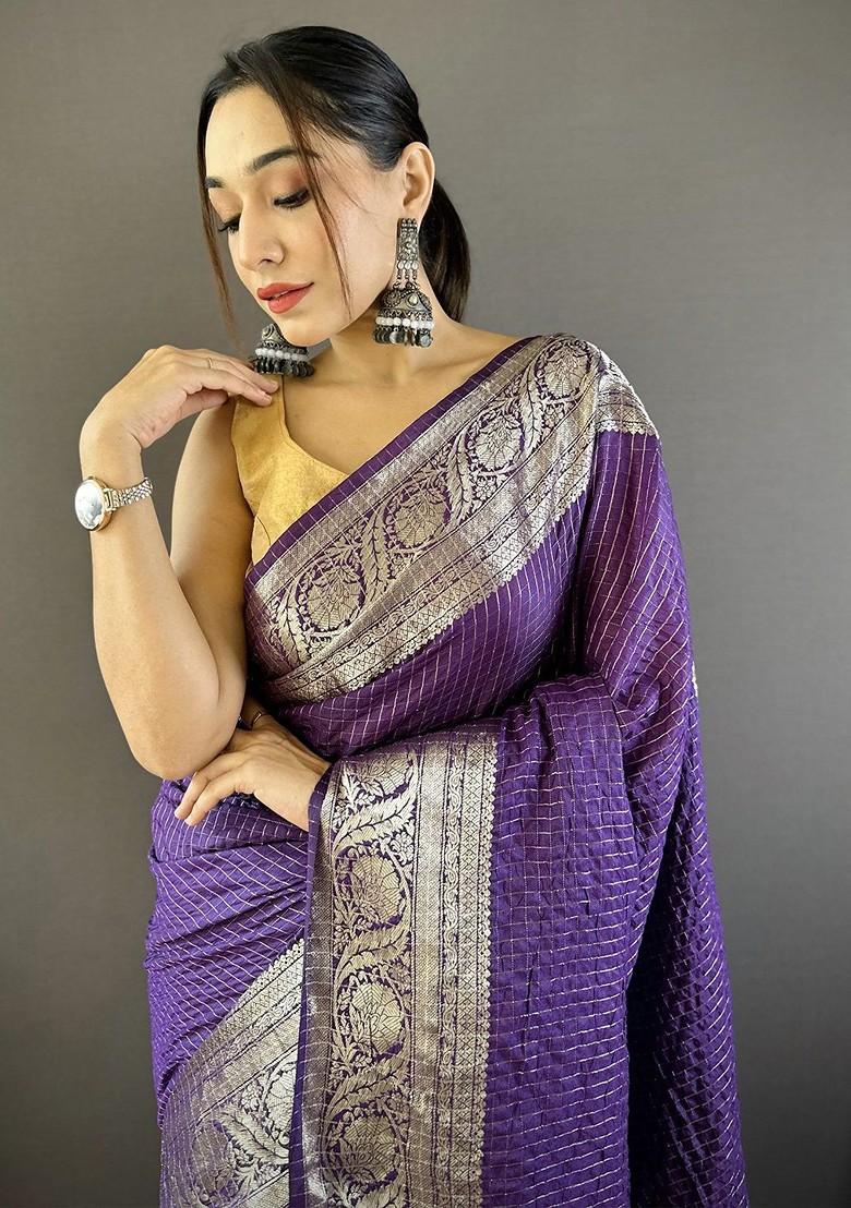 Purple Embroidered Blended Saree Set - Indya
