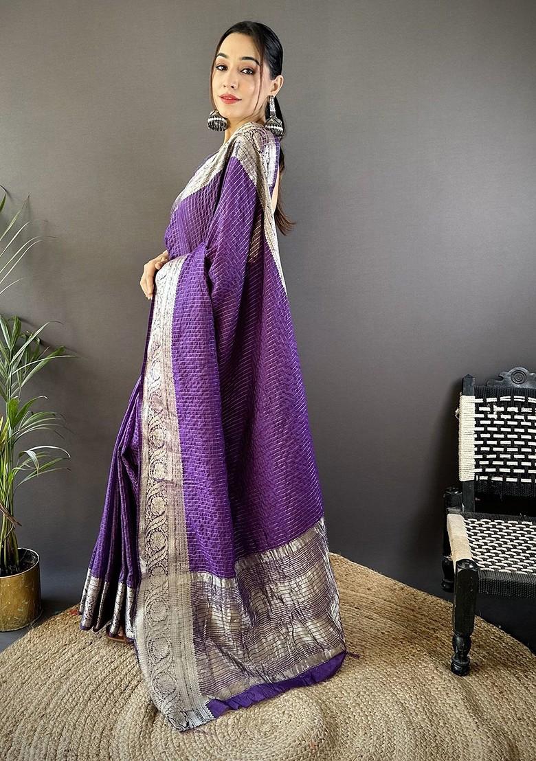 Purple Embroidered Blended Saree Set - Indya