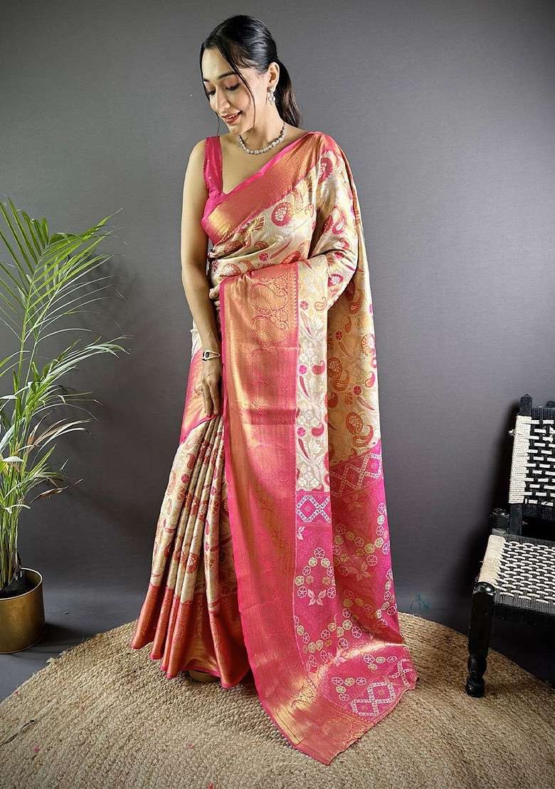 Cream Embroidered Blended Saree Set for Diwali and Festive Wear - Indya