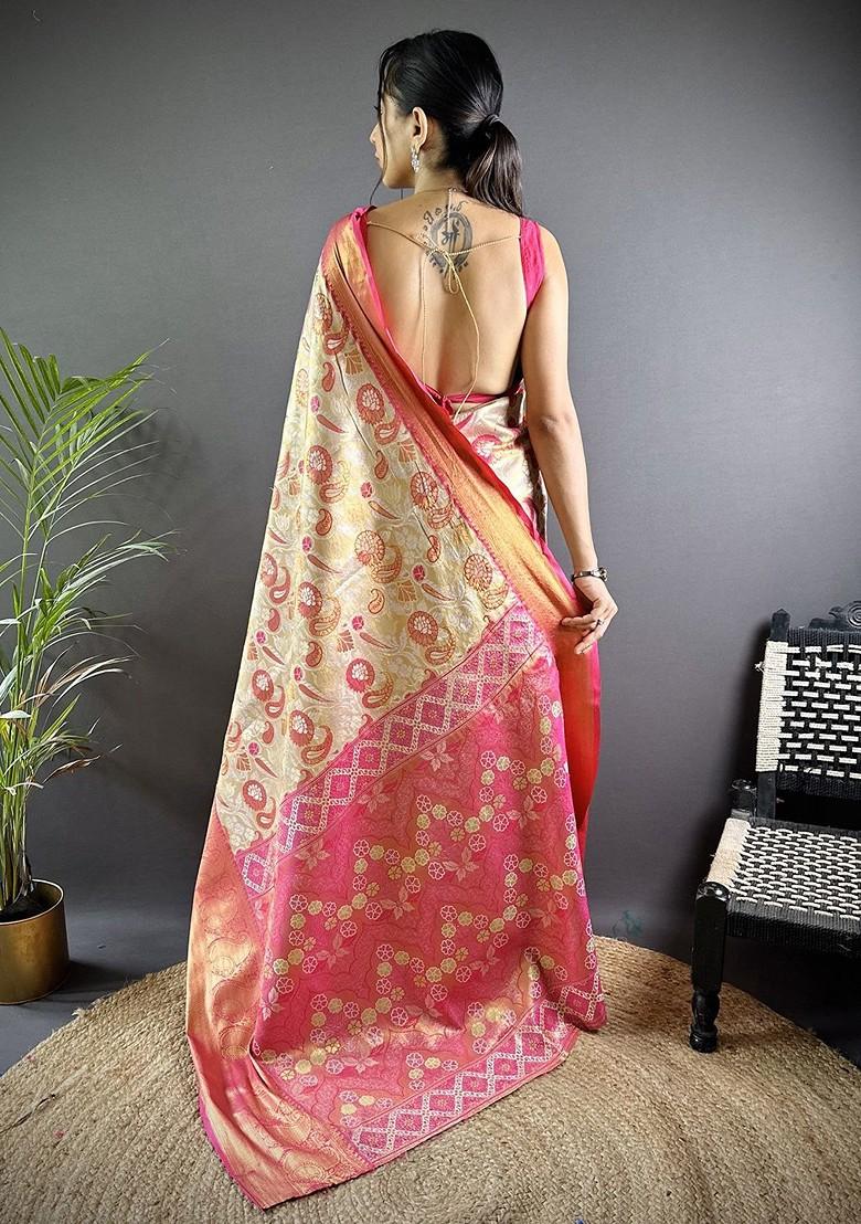 Cream Embroidered Blended Saree Set - Indya