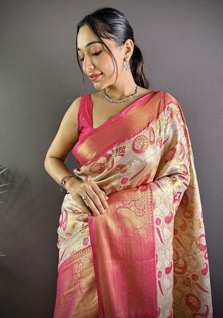 Cream Embroidered Blended Saree Set - Indya