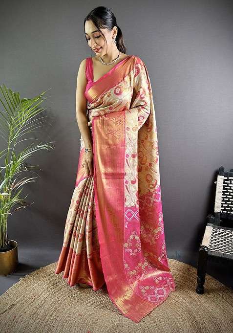 Cream Embroidered Blended Saree Set for Diwali and Festive Wear